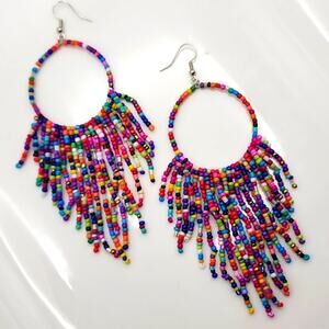 Technicolor Beaded Fringe Hoop Earrings